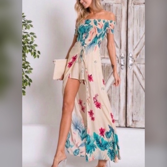 Bold Cream/Green Tropical Print Maxi Dress Romper - Picture 2 of 5